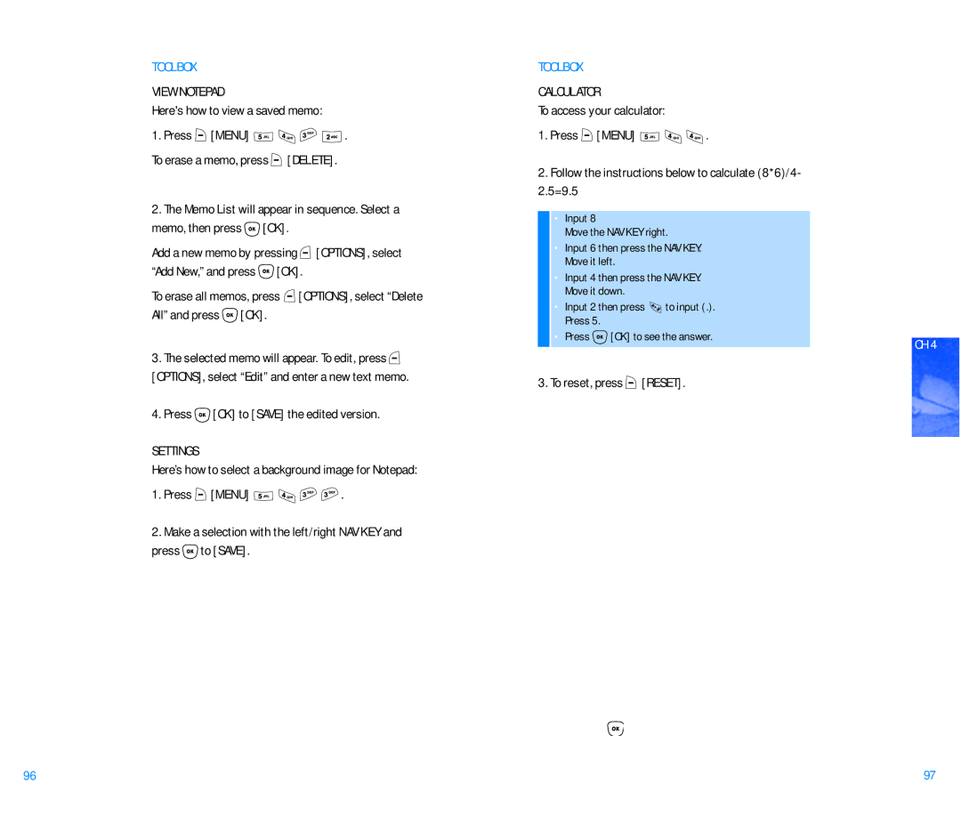 Pantech DM P100 manual View Notepad, Press OK to Save the edited version, Settings, Calculator, To reset, press Reset 