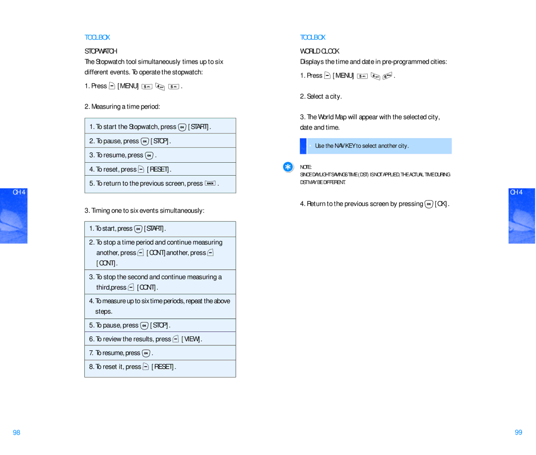 Pantech DM P100 manual Stopwatch, World Clock, Return to the previous screen by pressing OK 