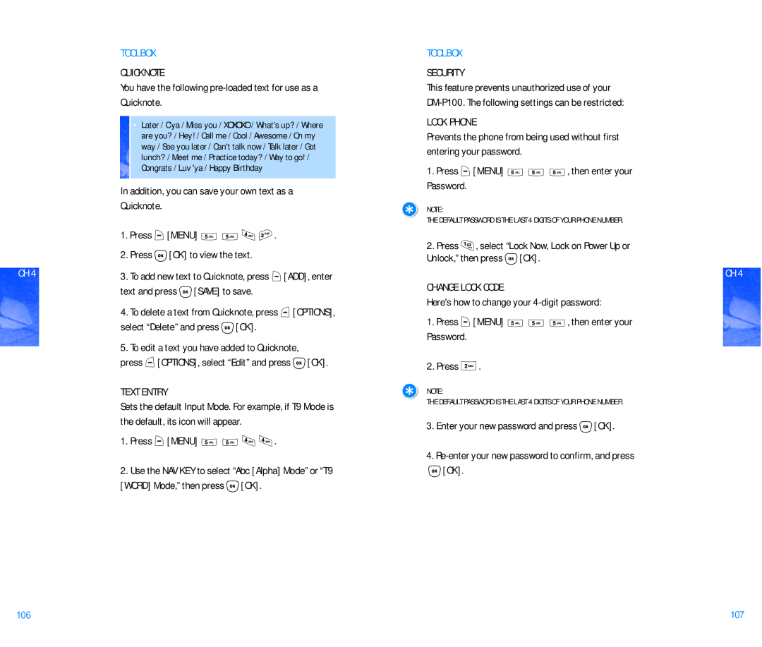 Pantech DM P100 manual Quicknote, Text Entry, Security, Lock Phone, Change Lock Code 