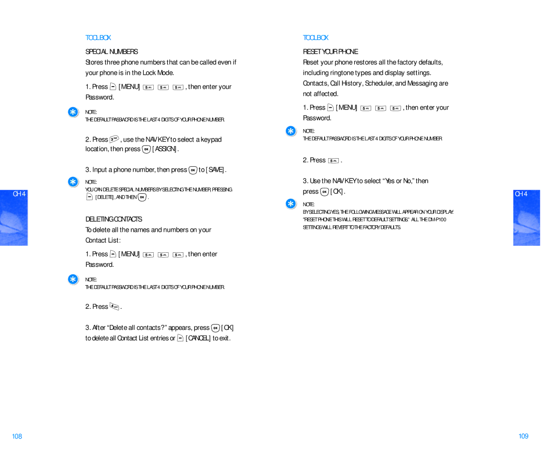 Pantech DM P100 Special Numbers, Deleting Contacts, Reset Your Phone, Press Use the NAV KEY to select Yes or No, then 