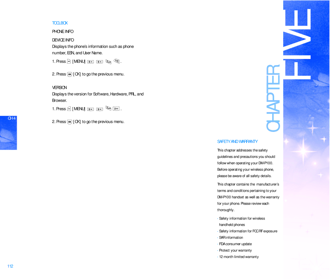 Pantech DM P100 manual Phone Info Device Info, Press Menu Press OK to go the previous menu, Version, Safety and Warranty 