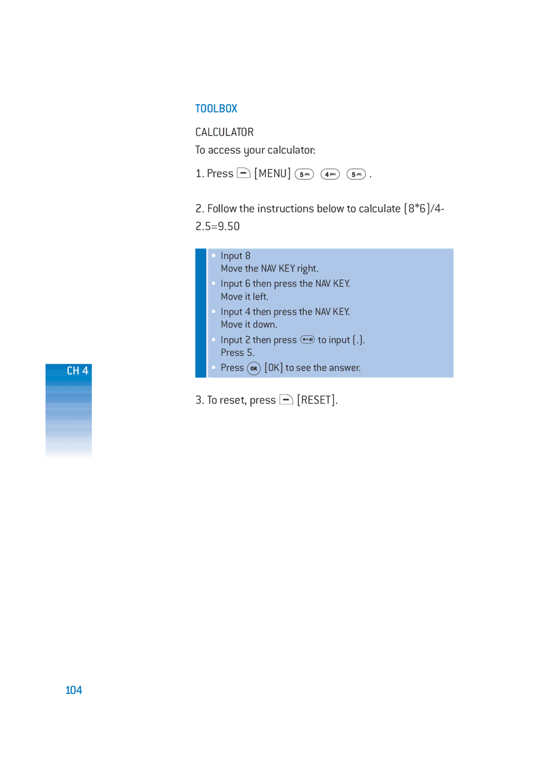 Pantech DM-P205 manual Calculator, To reset, press Reset 