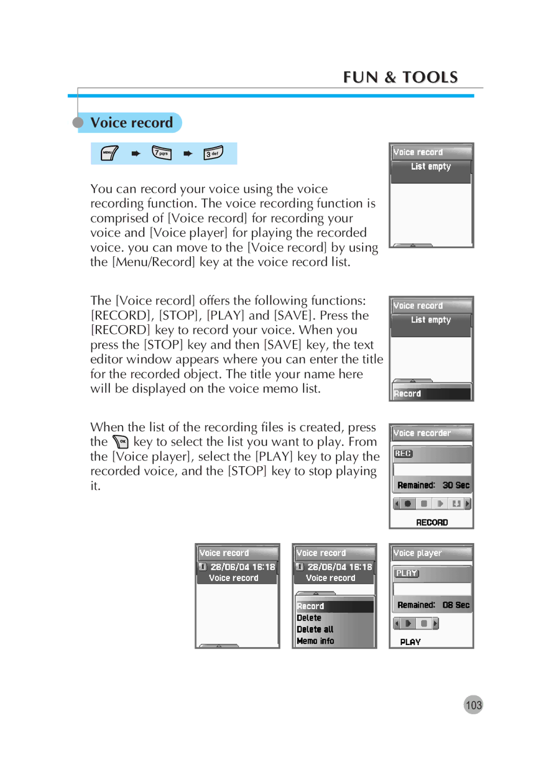 Pantech G670 manual Voice record 