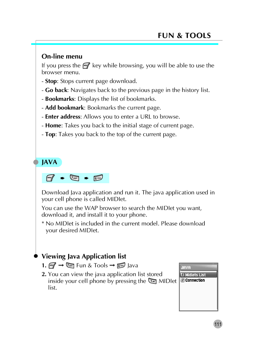 Pantech G670 manual On-line menu, Viewing Java Application list 