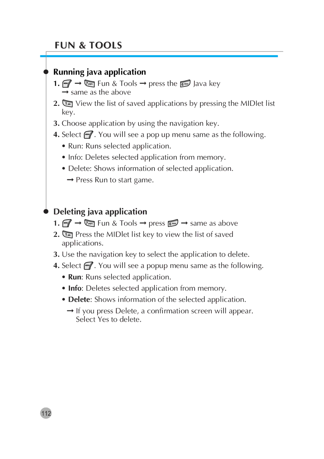 Pantech G670 manual Running java application, Deleting java application 