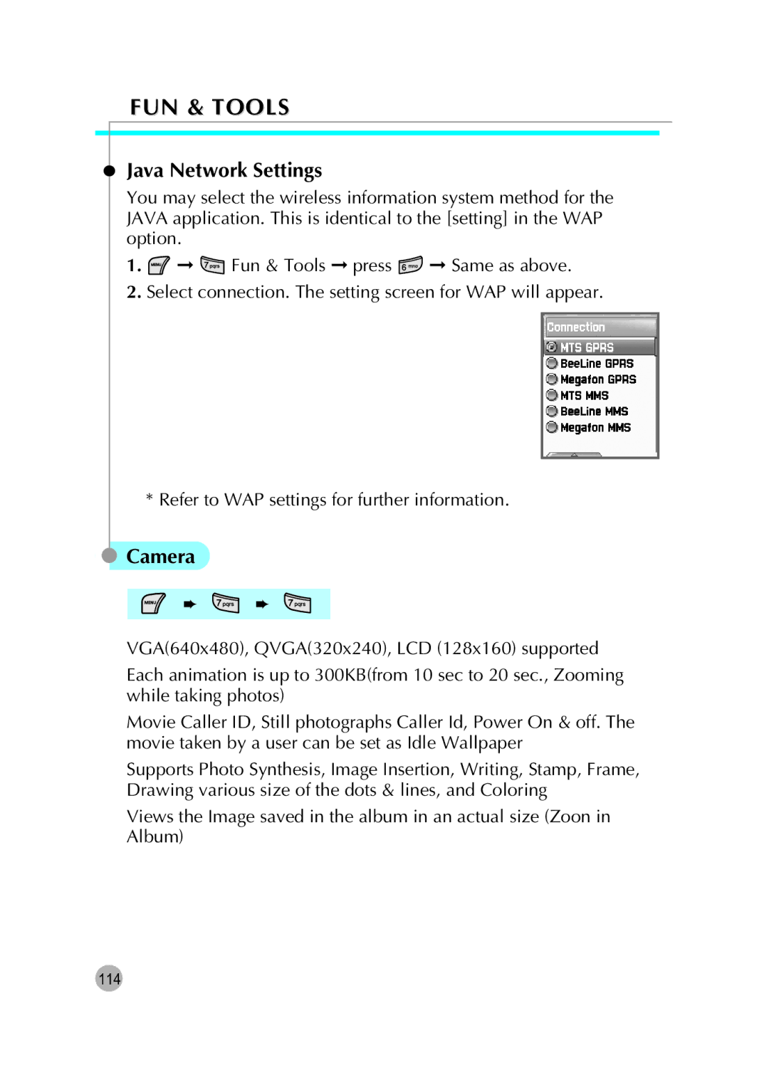 Pantech G670 manual Java Network Settings, Camera 