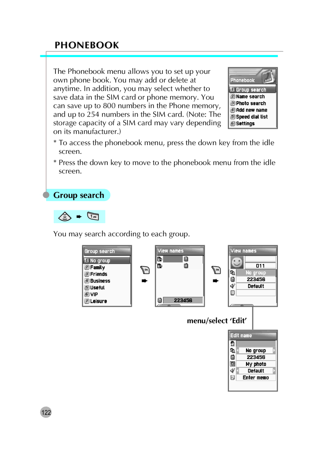 Pantech G670 manual Phonebook, Group search, Menu/select ‘Edit’ 