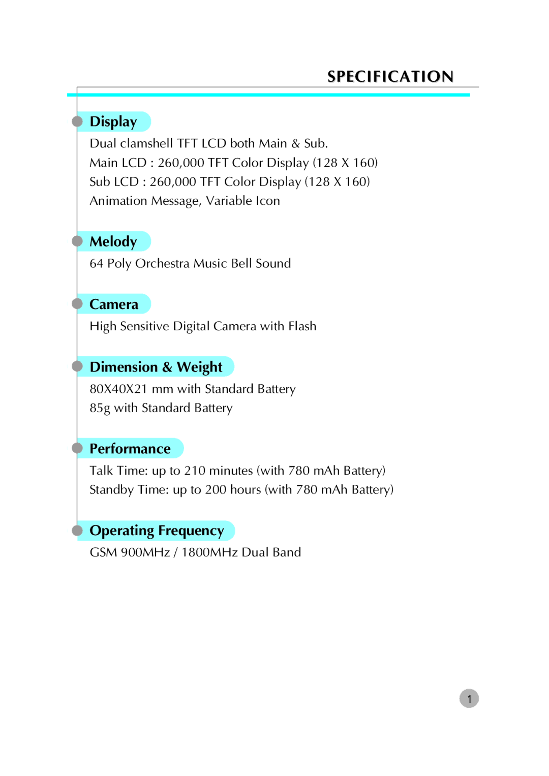 Pantech G670 manual Specification 