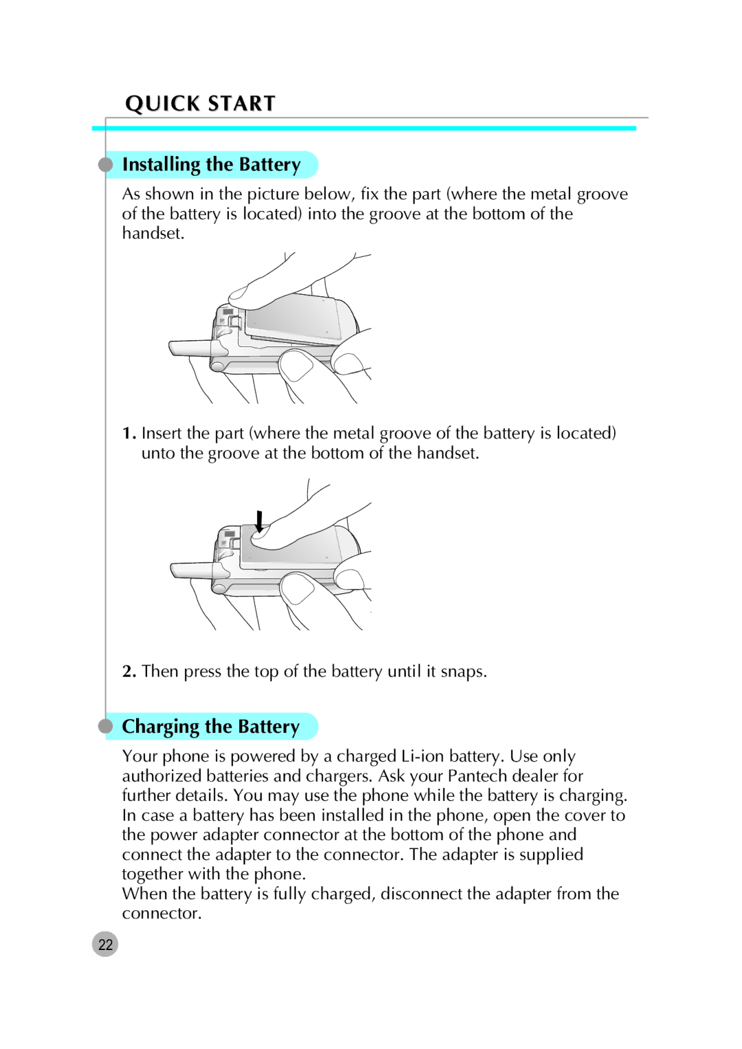 Pantech G670 manual Installing the Battery, Charging the Battery 