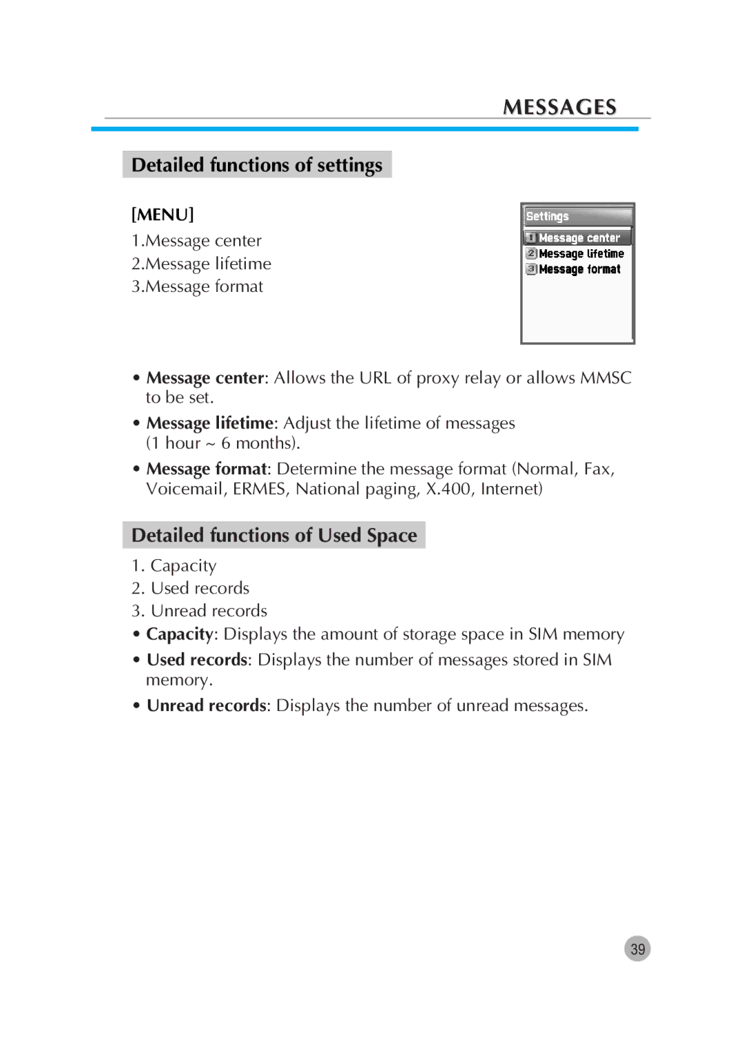 Pantech G670 manual Detailed functions of settings, Detailed functions of Used Space 