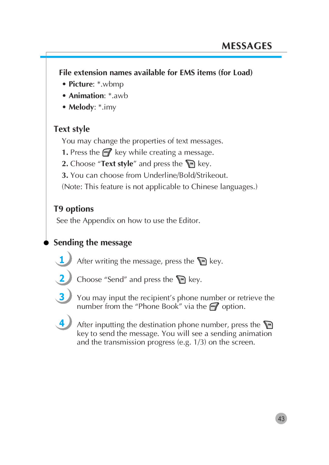 Pantech G670 manual Text style, T9 options, Sending the message, File extension names available for EMS items for Load 