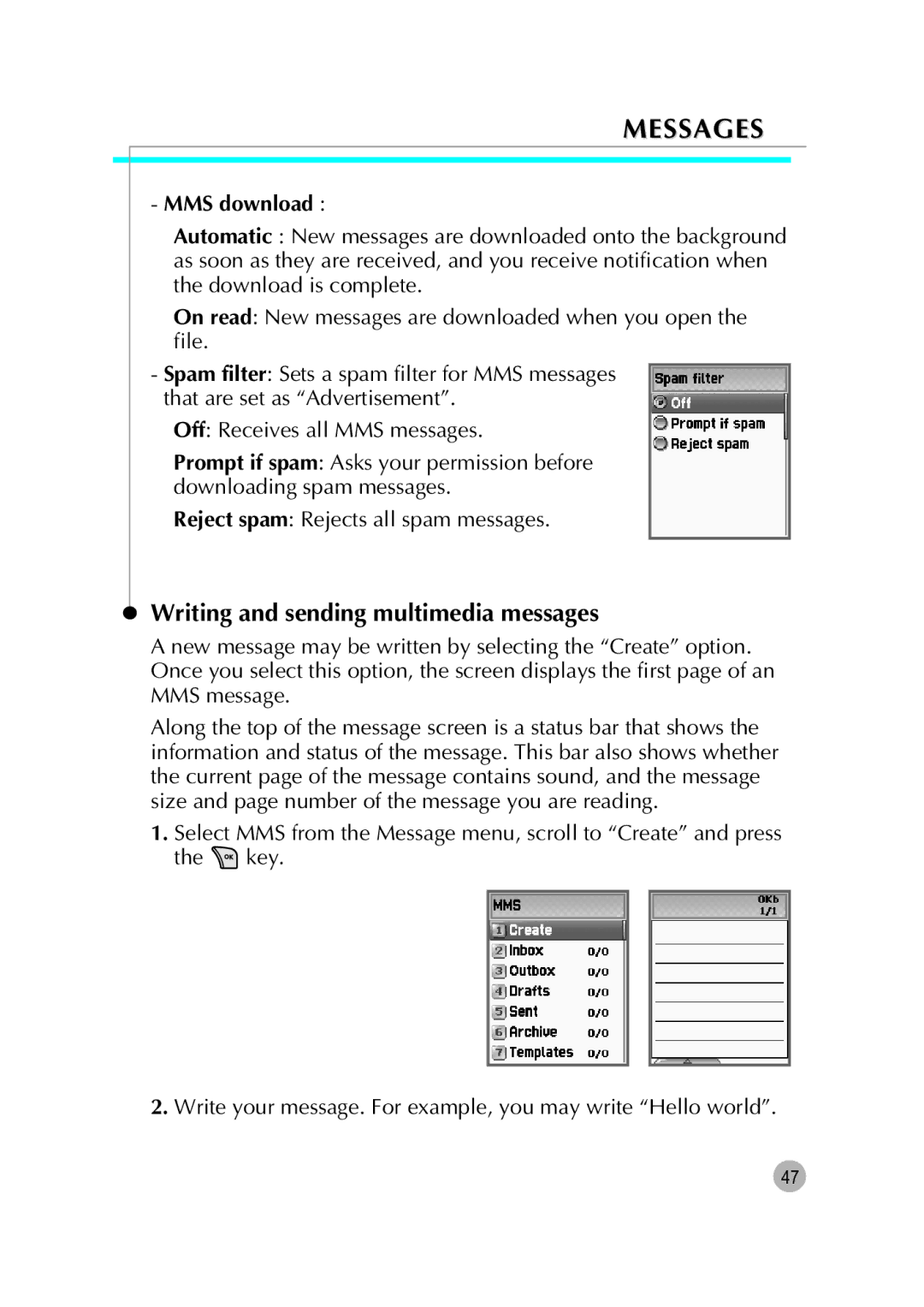 Pantech G670 manual Writing and sending multimedia messages, MMS download 