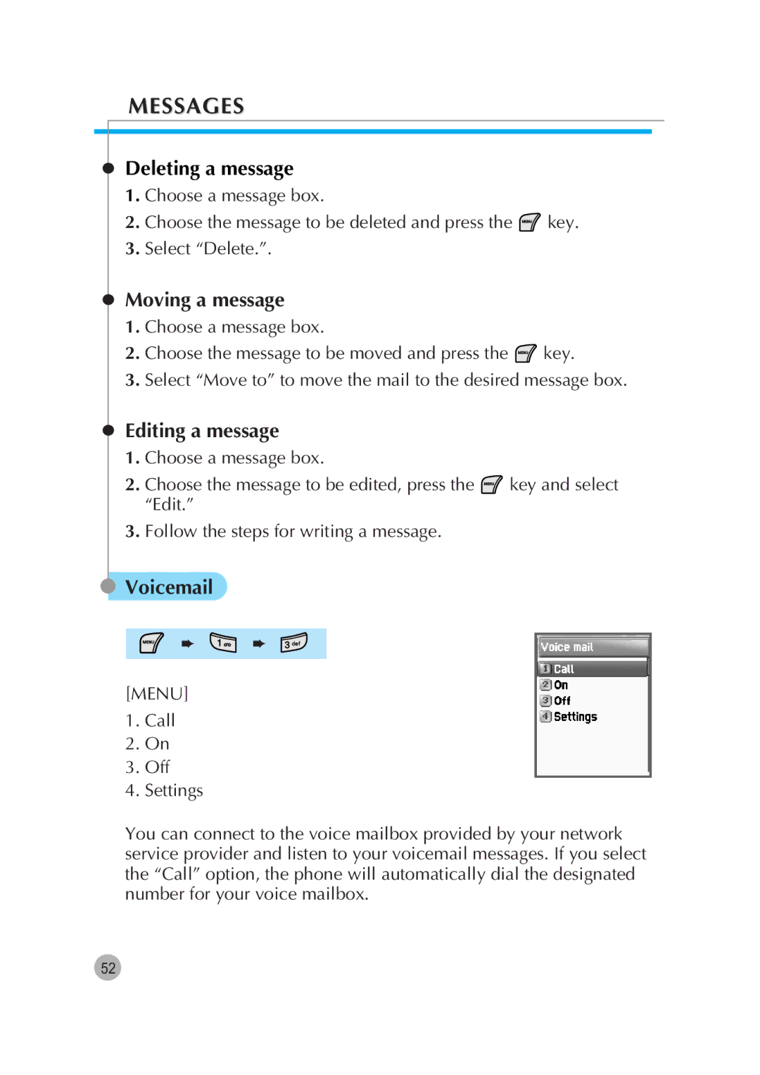 Pantech G670 manual Deleting a message, Moving a message, Editing a message, Voicemail 