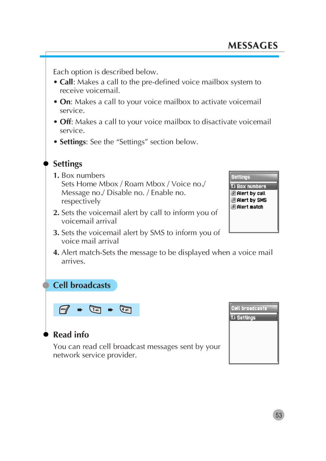 Pantech G670 manual Settings, Cell broadcasts Read info 