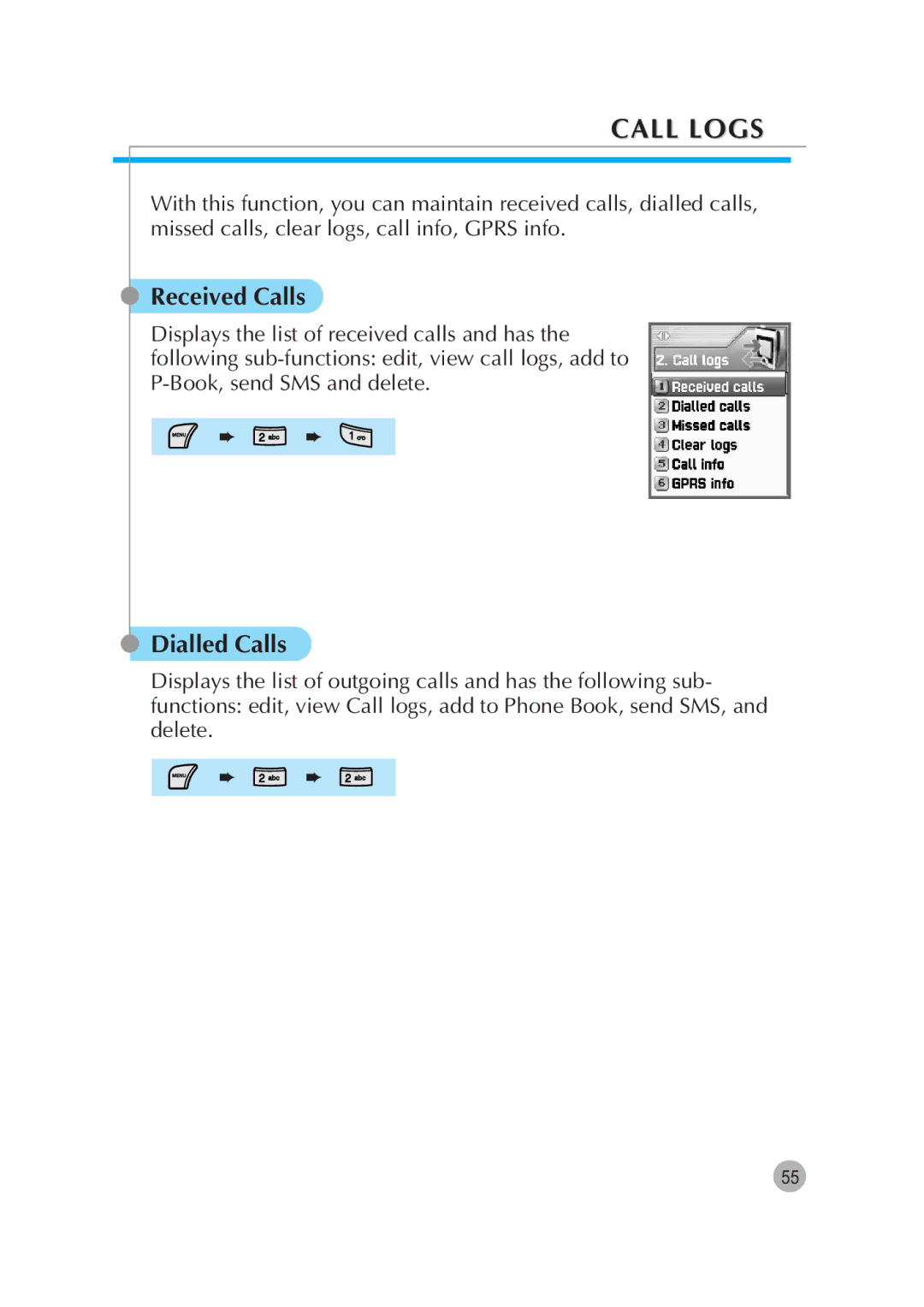 Pantech G670 manual Call Logs, Received Calls, Dialled Calls 