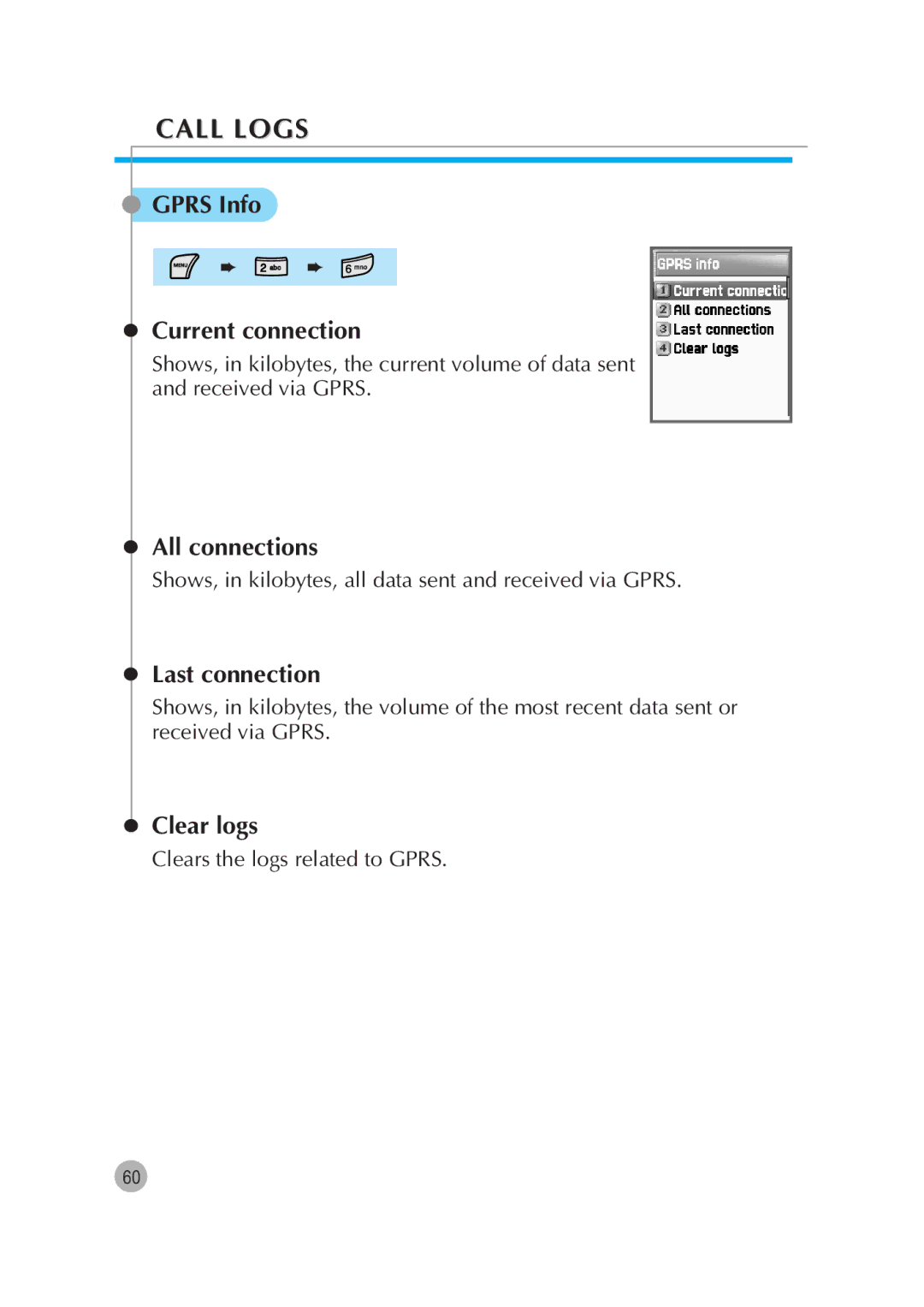 Pantech G670 manual Gprs Info Current connection, All connections, Last connection 