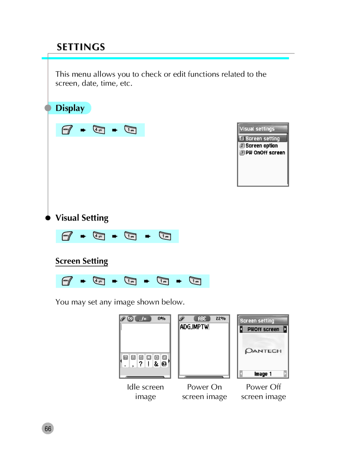 Pantech G670 manual Settings, Display Visual Setting, Screen Setting 