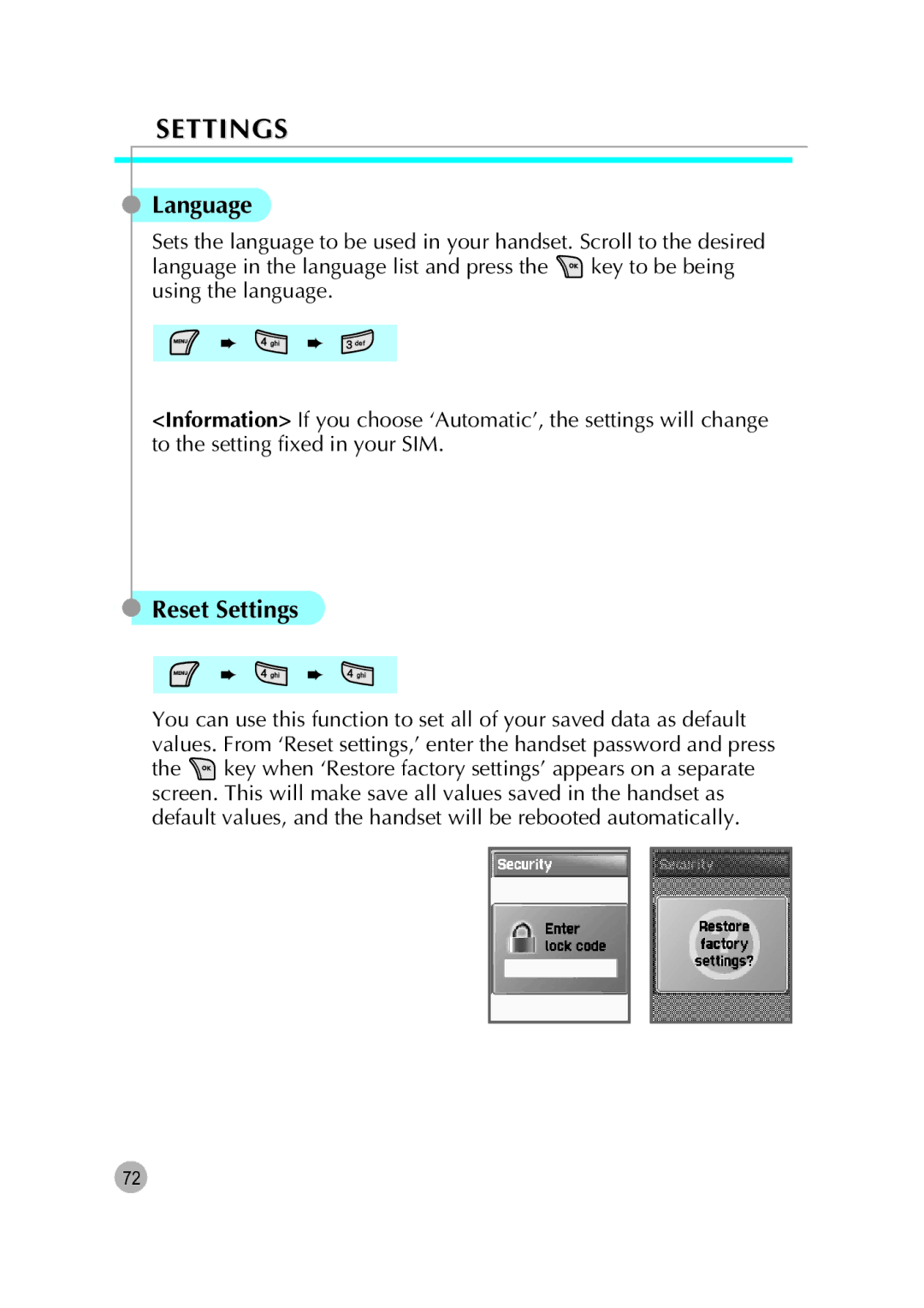 Pantech G670 manual Language, Reset Settings 