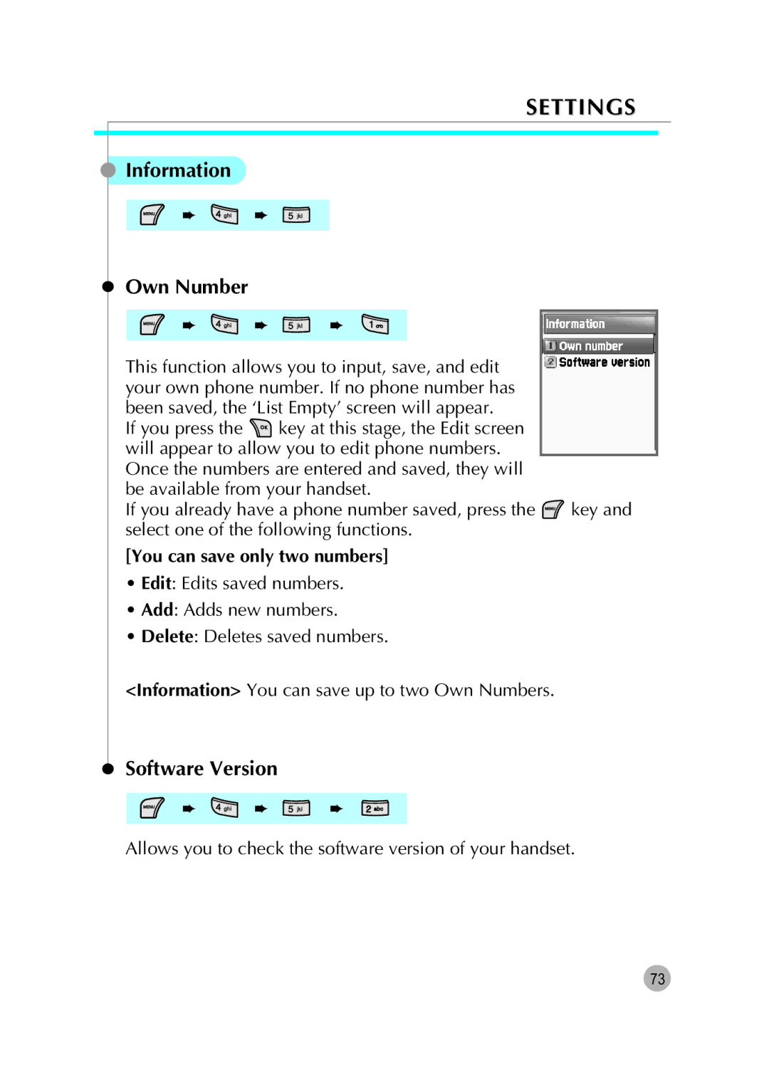 Pantech G670 manual Information Own Number, Software Version, You can save only two numbers 