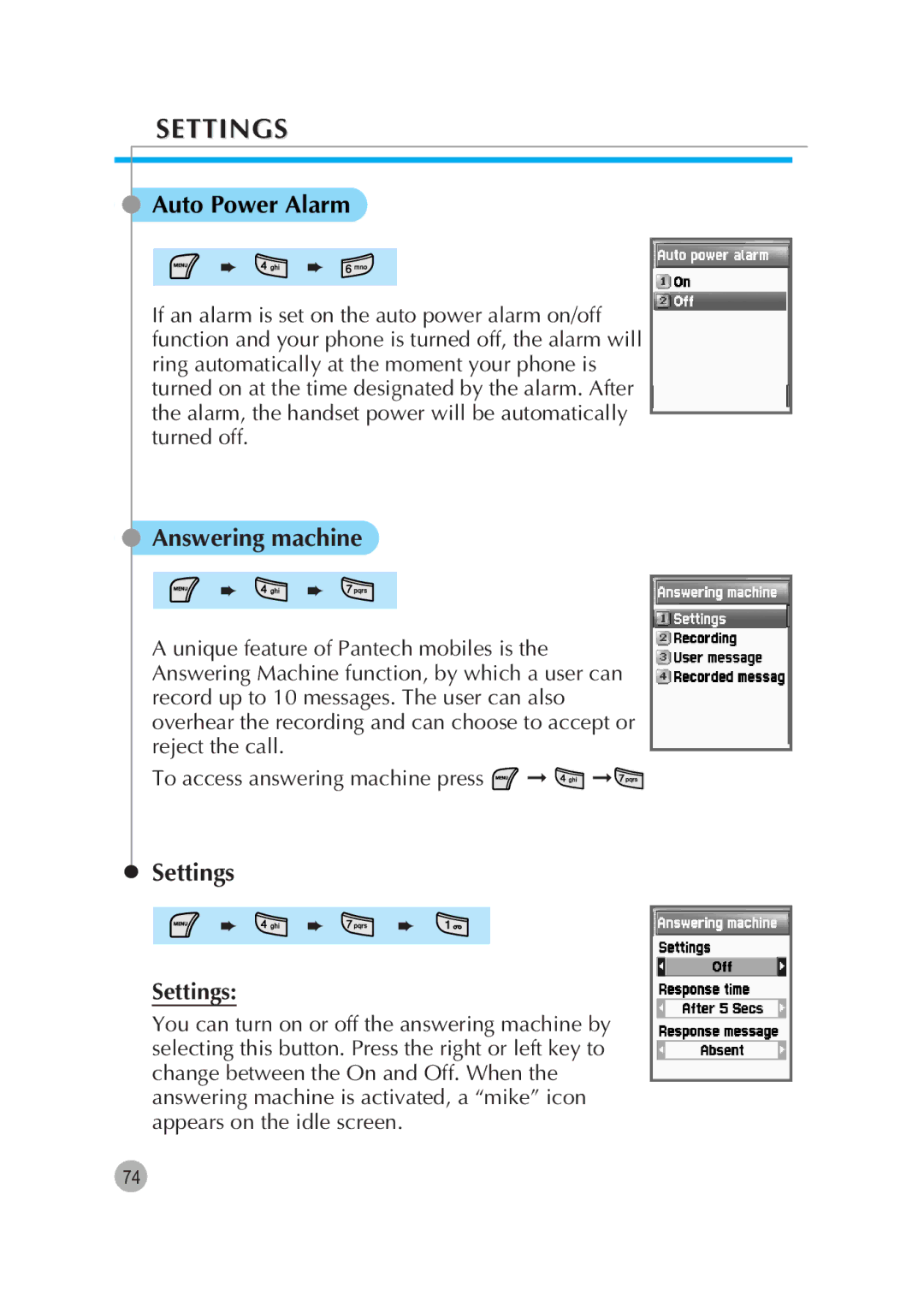 Pantech G670 manual Auto Power Alarm, Answering machine, Settings 