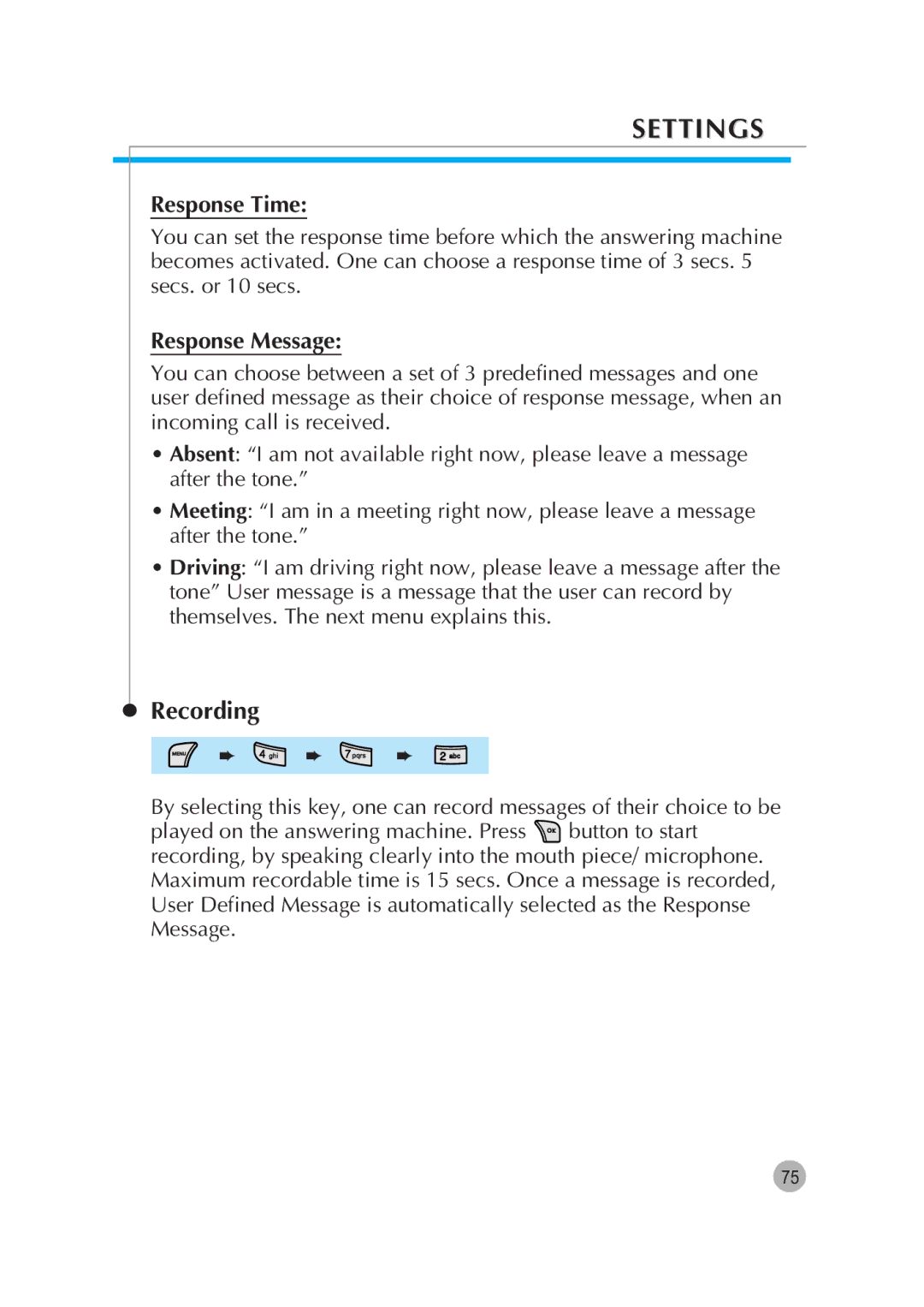 Pantech G670 manual Recording, Response Time, Response Message 