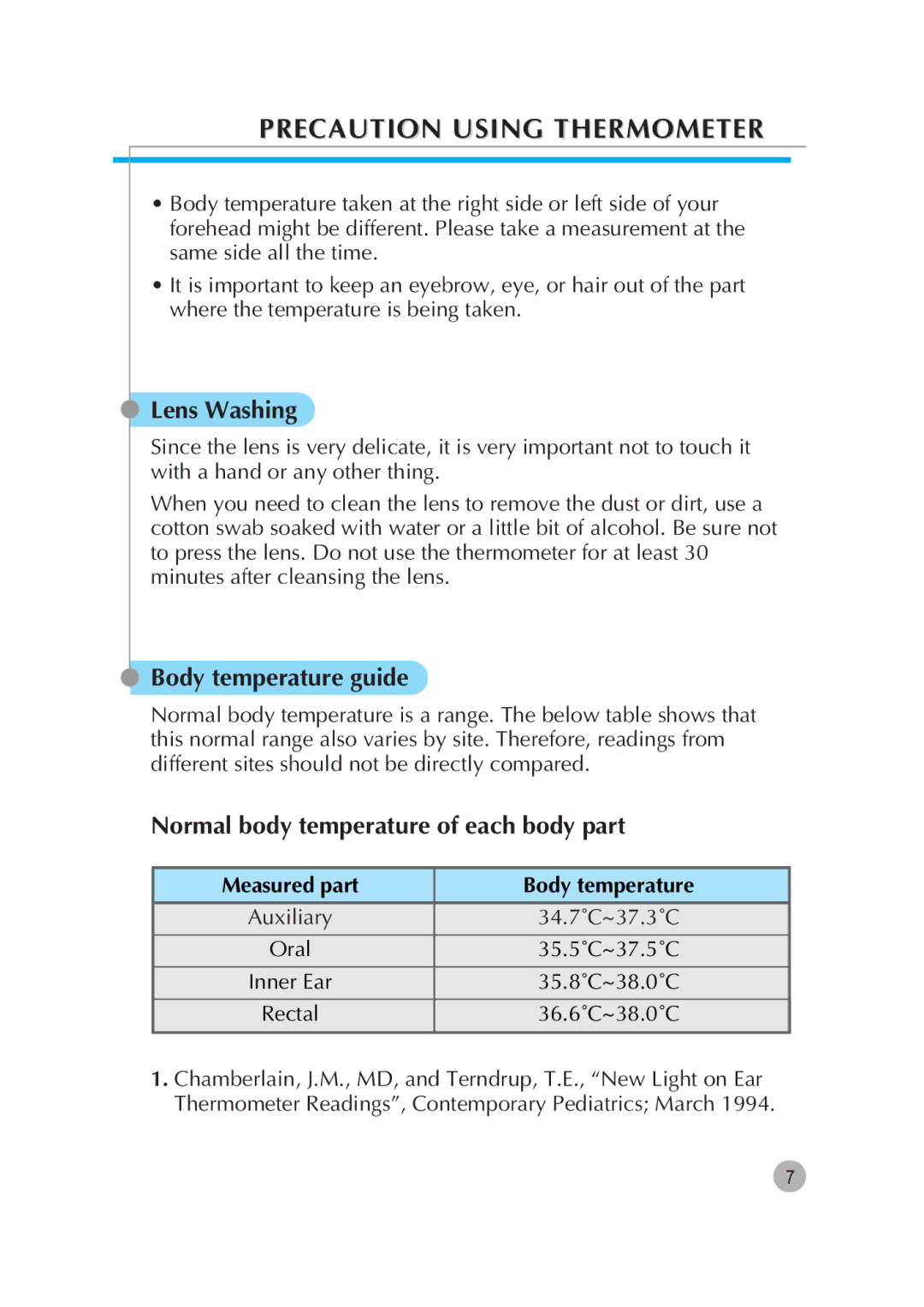 Pantech G670 manual Lens Washing, Body temperature guide, Normal body temperature of each body part 