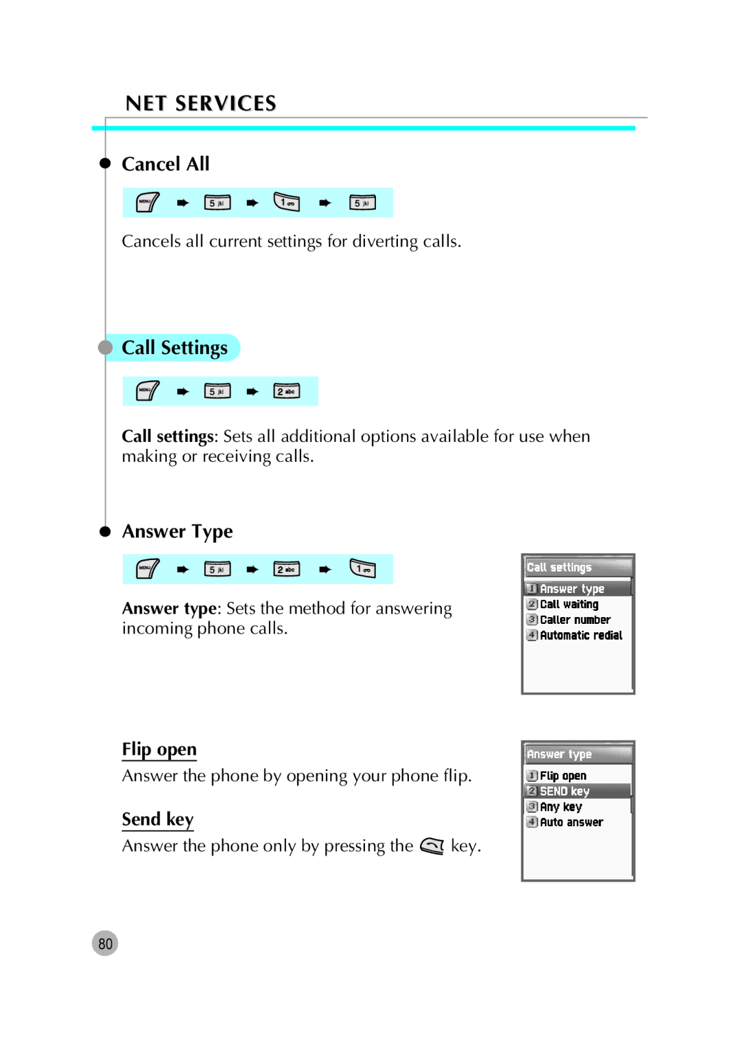 Pantech G670 manual Cancel All, Call Settings, Answer Type, Flip open, Send key 