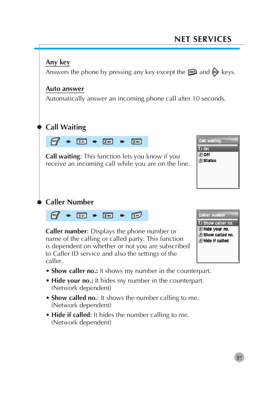 Pantech G670 manual Call Waiting, Caller Number, Any key, Auto answer 