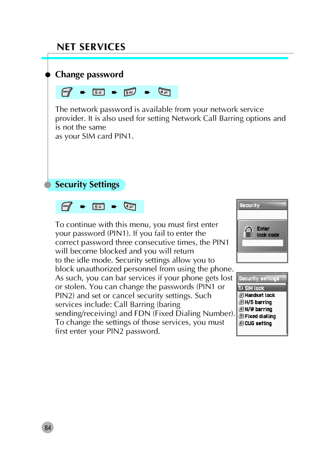 Pantech G670 manual Change password, Security Settings 