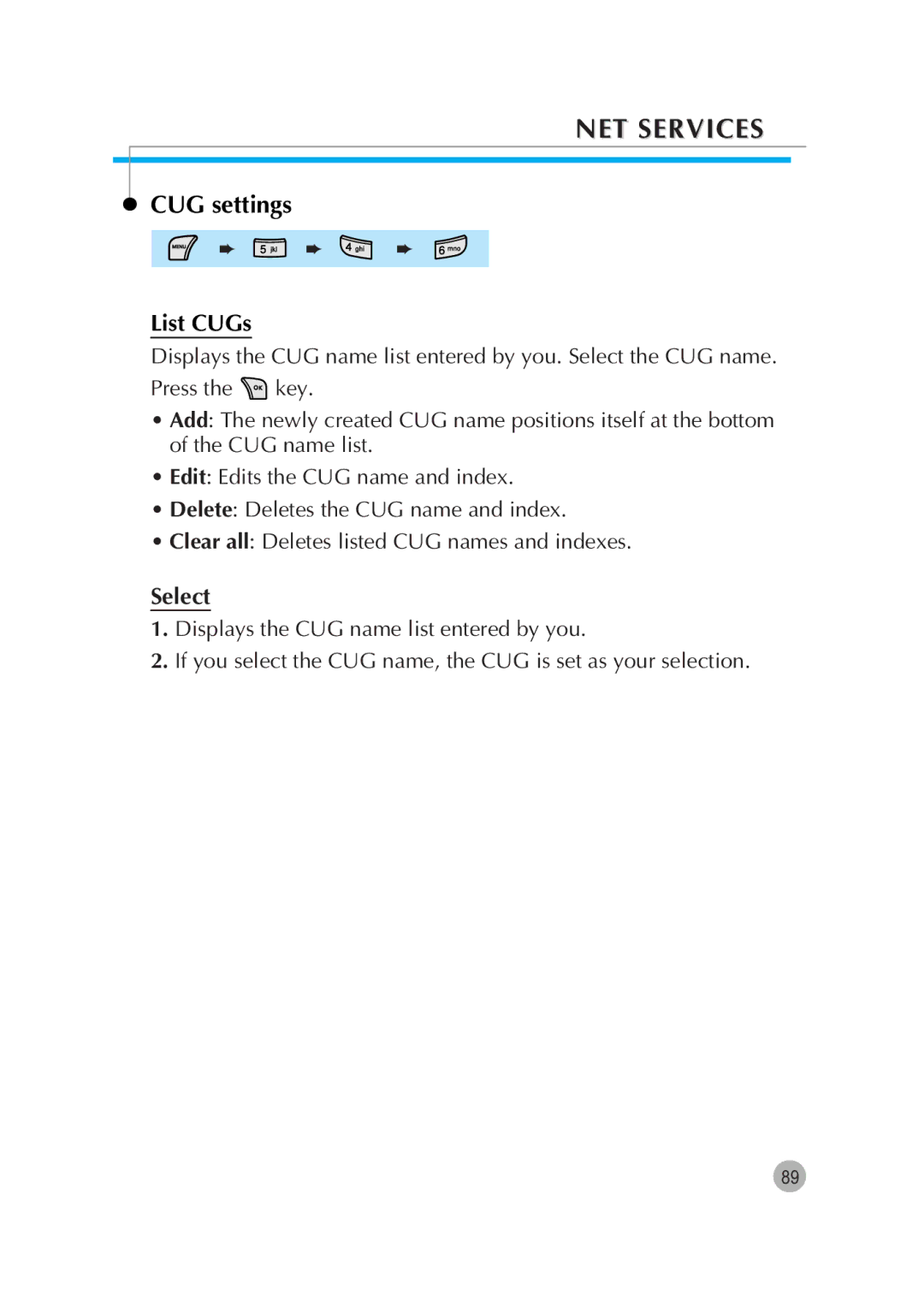 Pantech G670 manual CUG settings, List CUGs, Select 