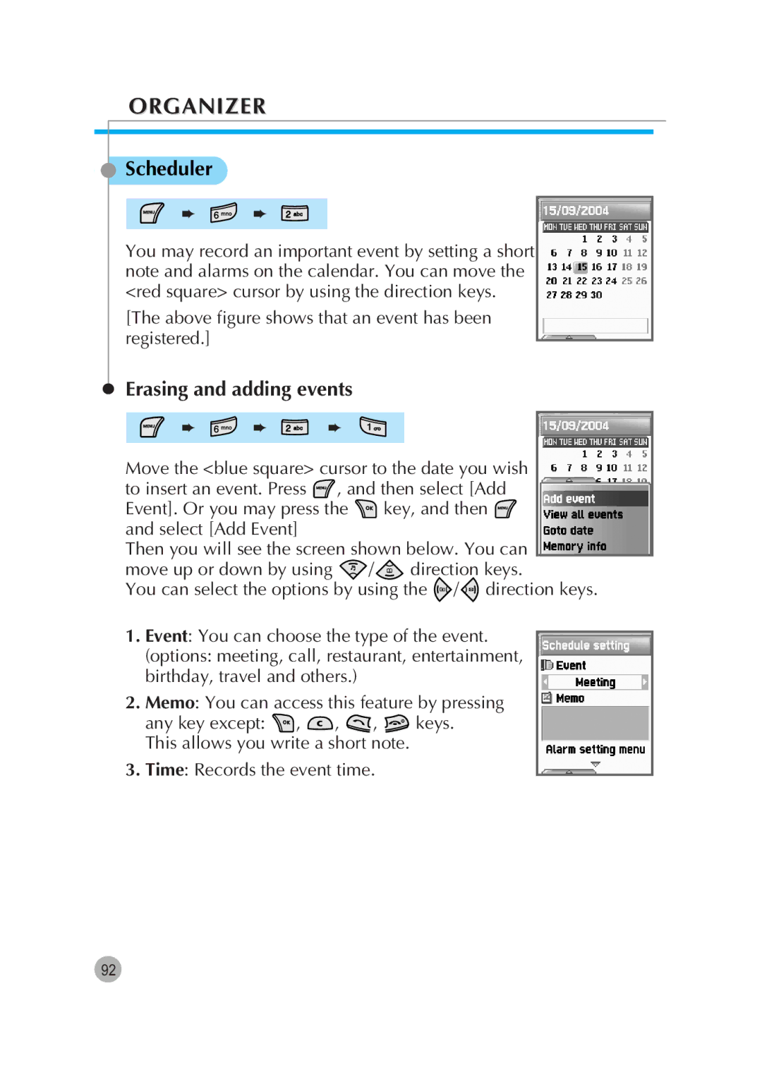 Pantech G670 manual Scheduler, Erasing and adding events 