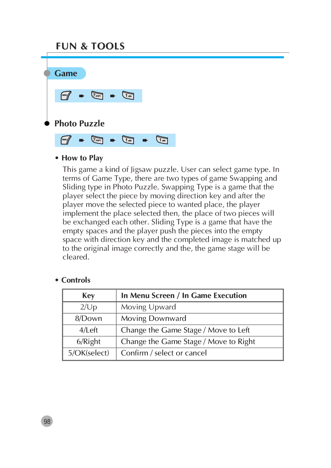 Pantech G670 manual FUN & Tools, Game Photo Puzzle, How to Play, Controls Key Menu Screen / In Game Execution 