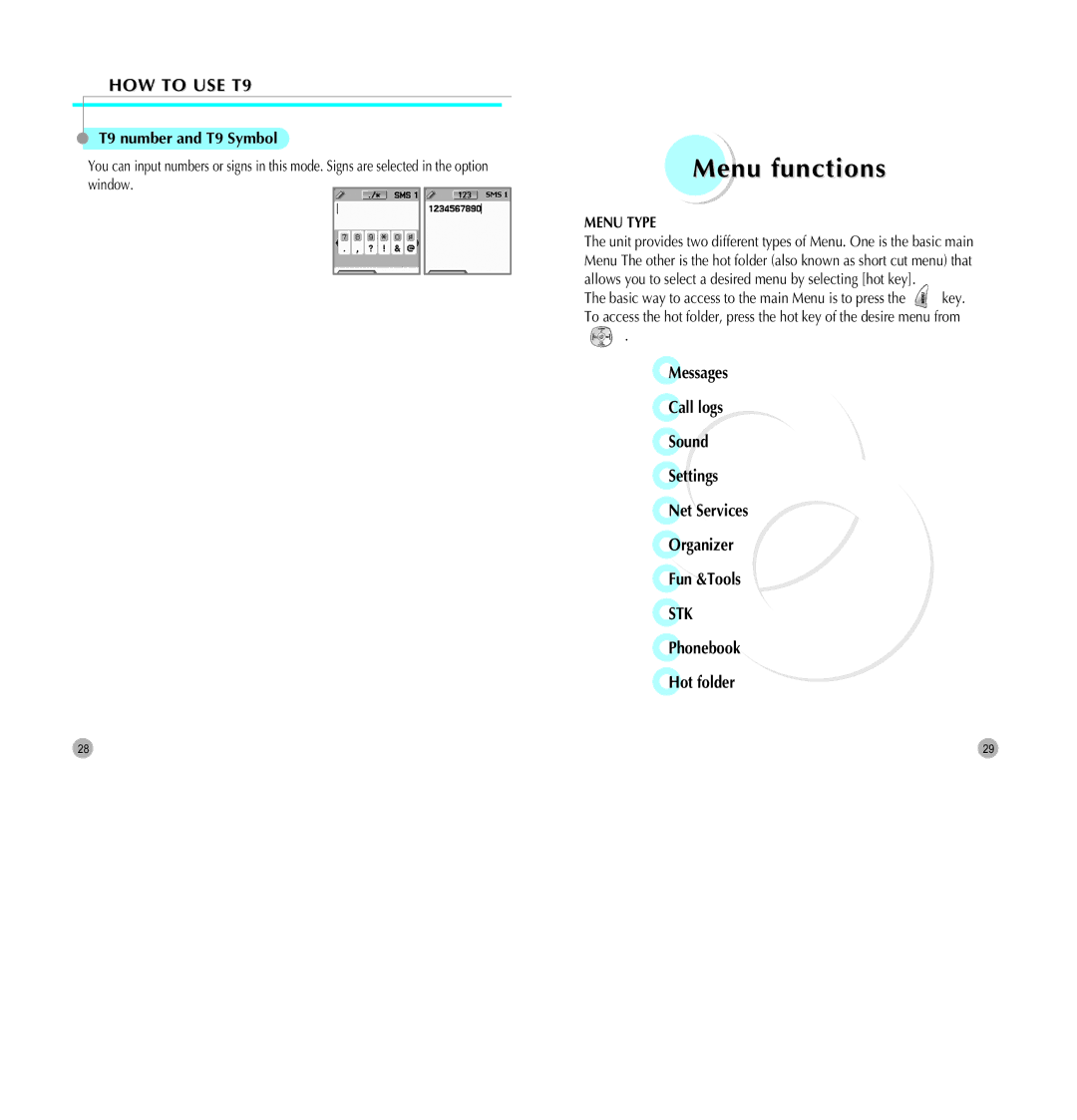 Pantech G700 manual T9 number and T9 Symbol, Phonebook Hot folder 