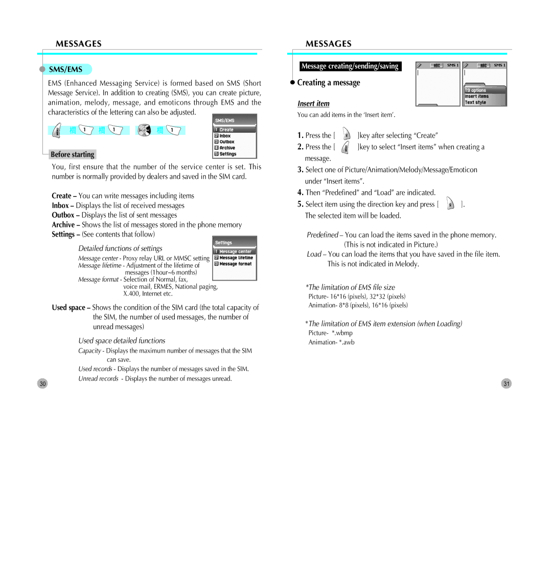 Pantech G700 manual Messages, Creating a message, Insert item, Press Key after selecting Create 