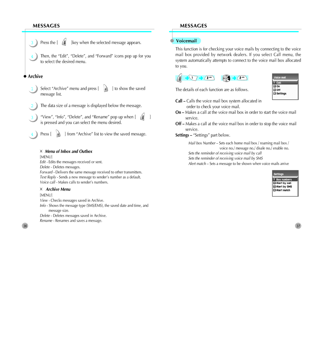 Pantech G700 manual Voicemail, Select Archive menu and press, ※ Menu of Inbox and Outbox, ※ Archive Menu 