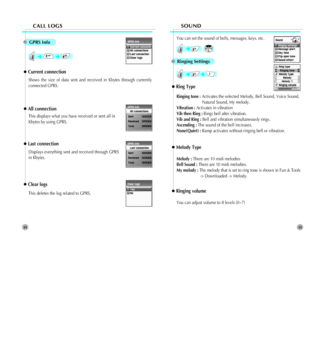 Pantech G700 manual Sound, Gprs Info, Ringing Settings 