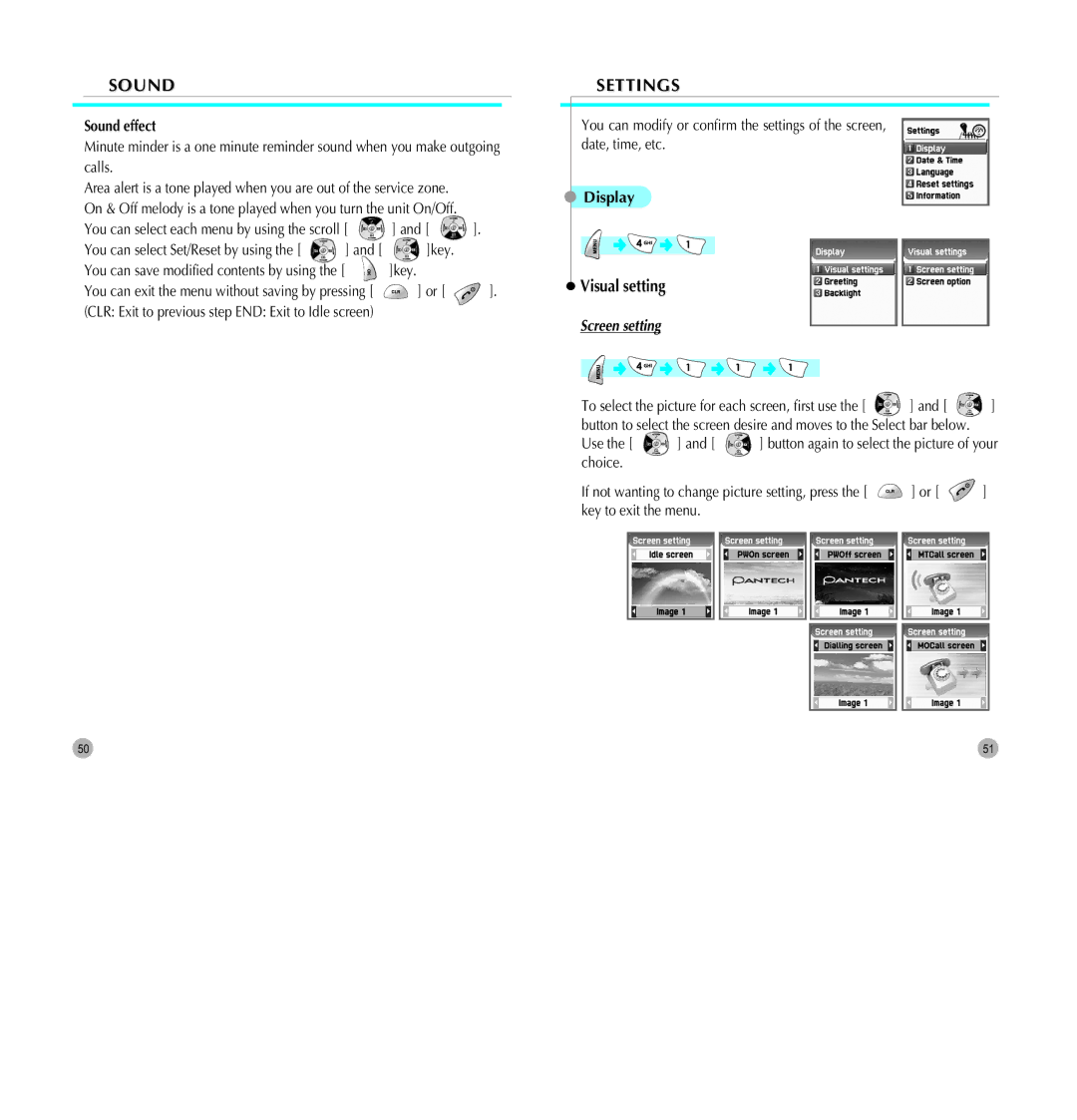 Pantech G700 manual Settings, Display, Visual setting, Key You can exit the menu without saving by pressing, Screen setting 