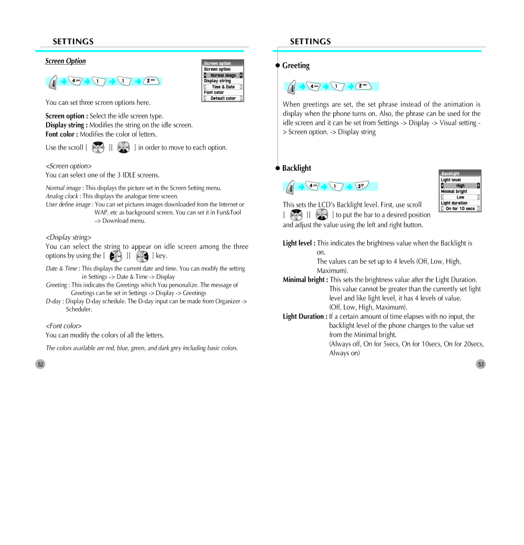 Pantech G700 manual Greeting, Backlight, Screen Option, You can select one of the 3 Idle screens 