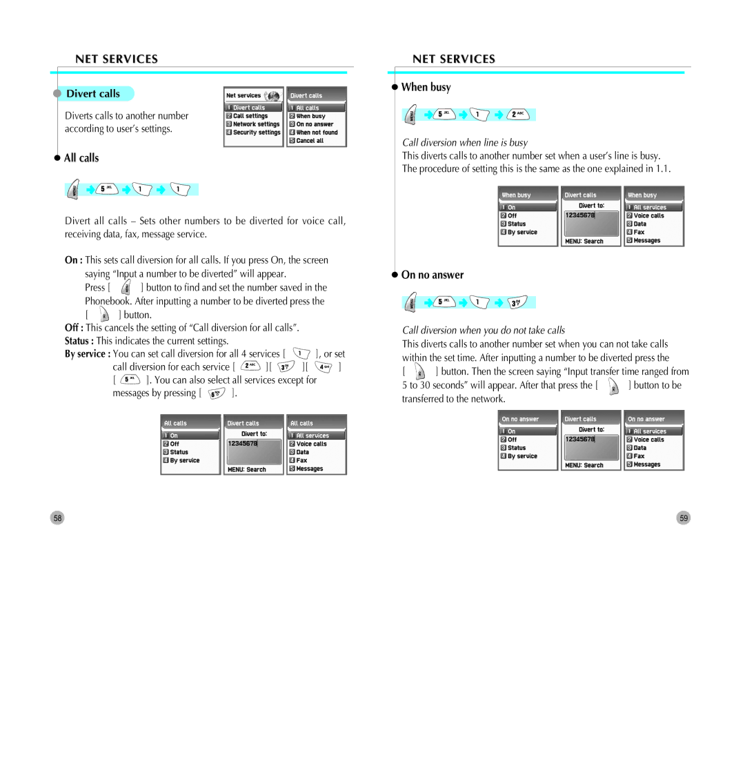 Pantech G700 manual NET Services, Divert calls, All calls, When busy, On no answer 