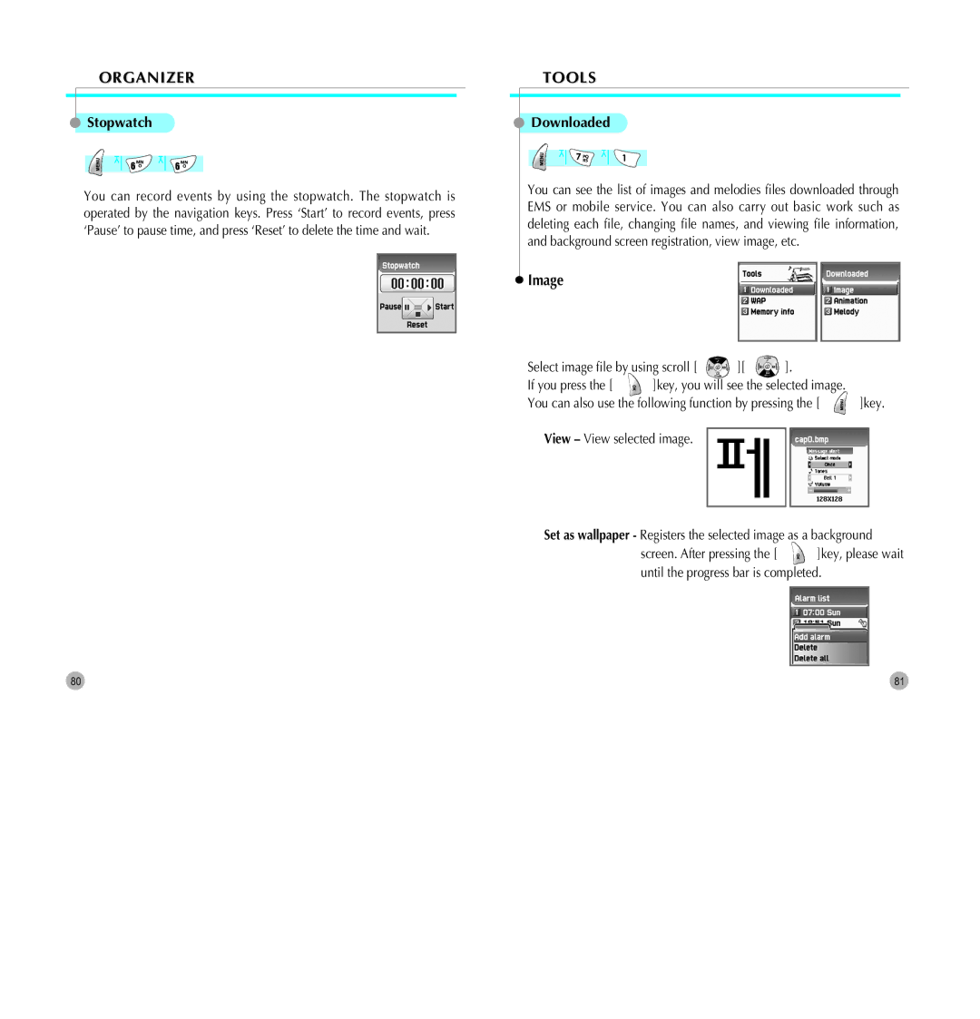 Pantech G700 manual Tools, Stopwatch, Downloaded, Image, Select image file by using scroll If you press 