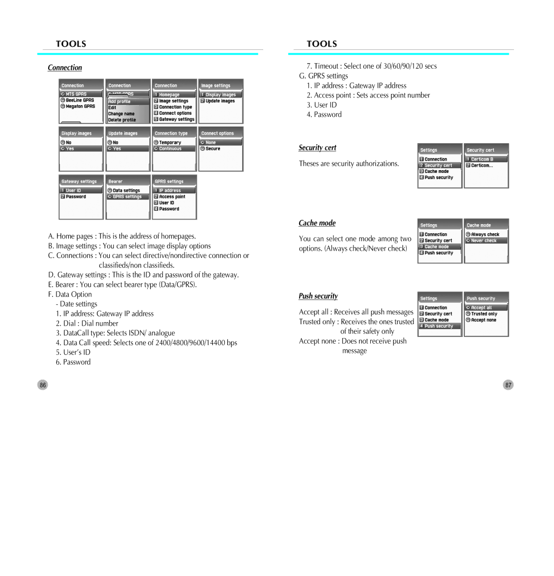 Pantech G700 manual Connection, Security cert, Cache mode, Push security 