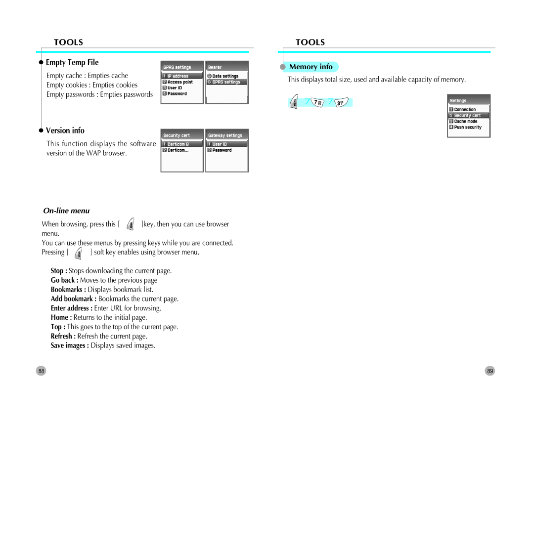 Pantech G700 manual Memory info, Empty Temp File, Version info 