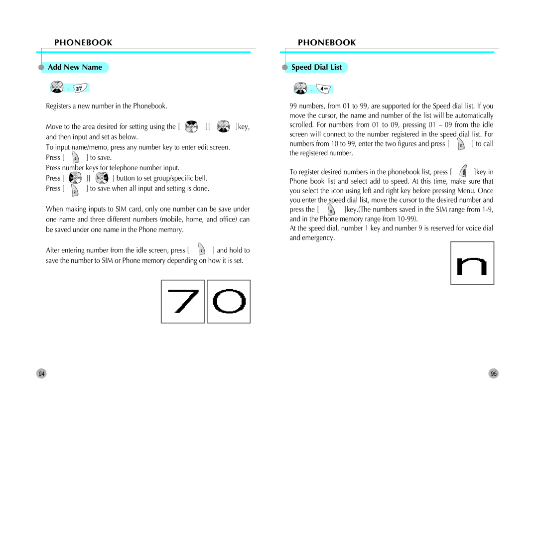 Pantech G700 Add New Name, Speed Dial List, Then input and set as below, Press number keys for telephone number input 