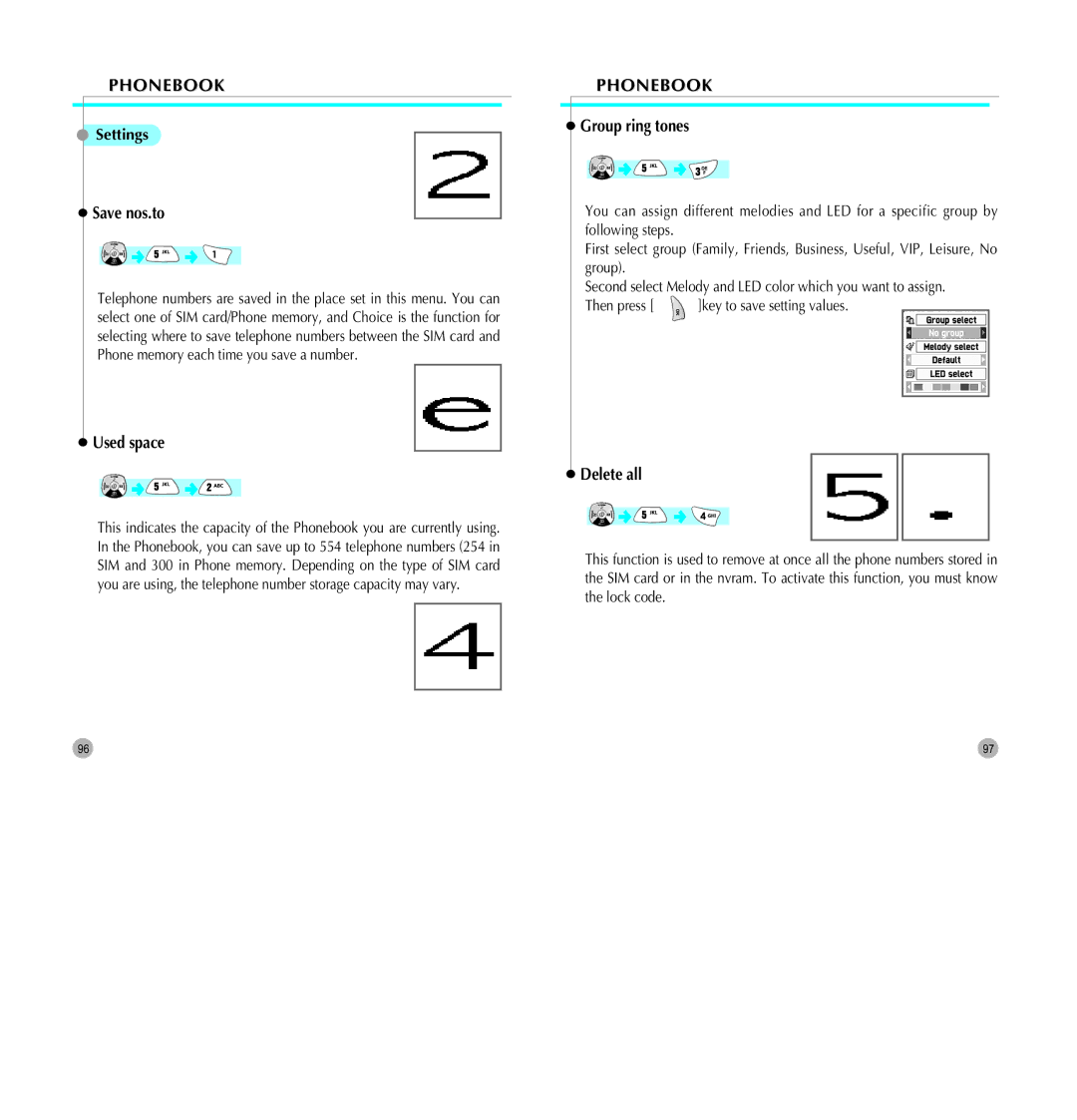 Pantech G700 manual Settings, Save nos.to, Used space, Group ring tones, Delete all 