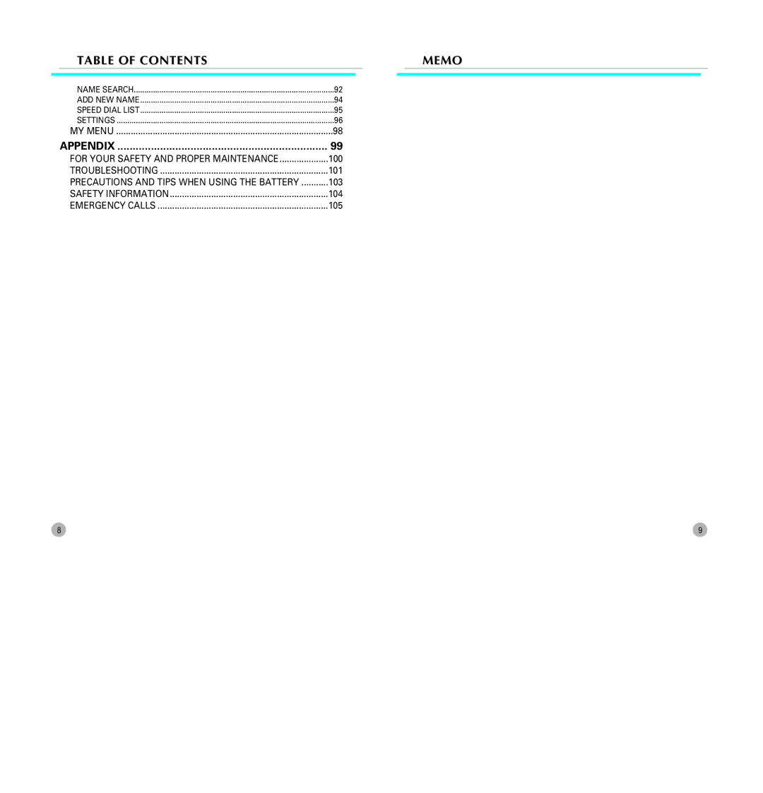 Pantech G700 manual Table of Contents Memo 