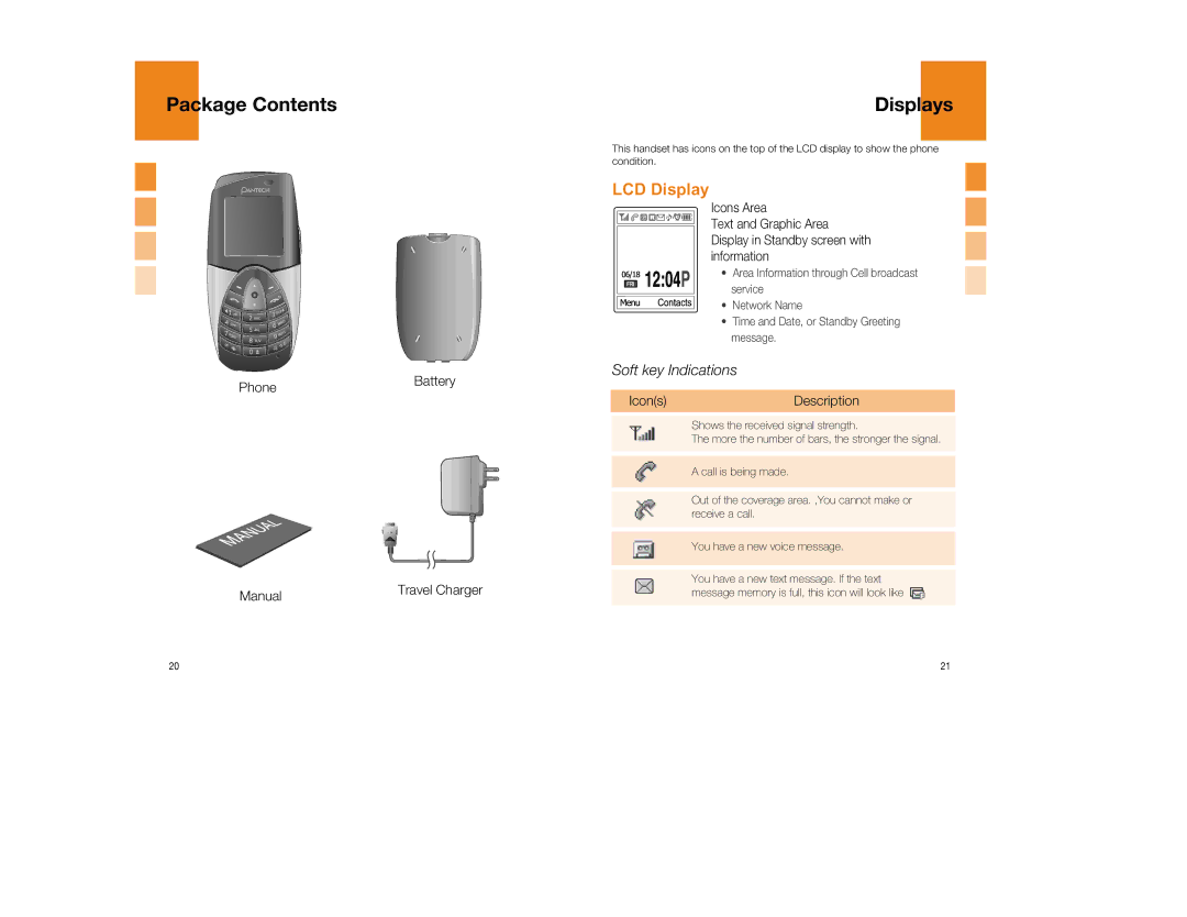 Pantech GB300 manual Package Contents, Displays, LCD Display, Soft key Indications 