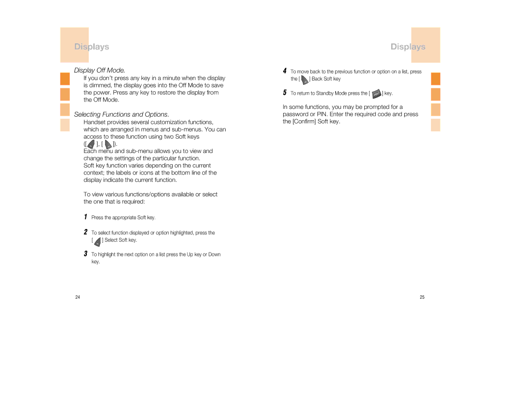 Pantech GB300 manual Display Off Mode, Selecting Functions and Options 