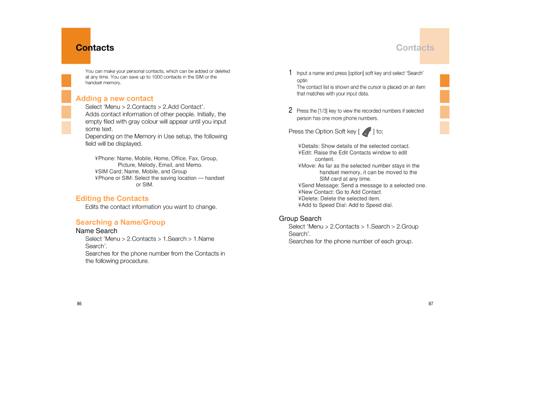 Pantech GB300 manual Adding a new contact, Editing the Contacts, Searching a Name/Group 