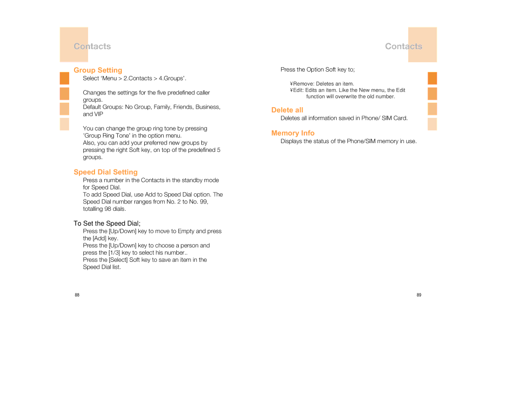Pantech GB300 manual Group Setting, Speed Dial Setting, Delete all, Memory Info, To Set the Speed Dial 
