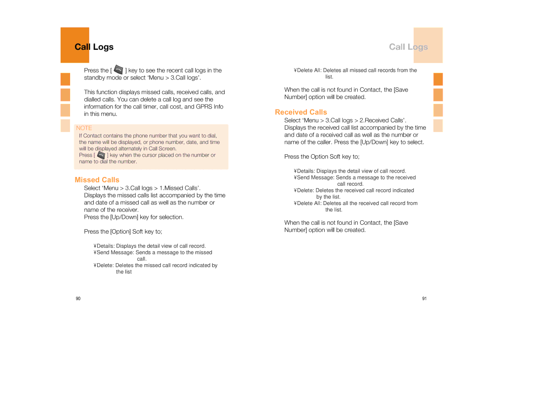Pantech GB300 manual Call Logs, Missed Calls, Received Calls 
